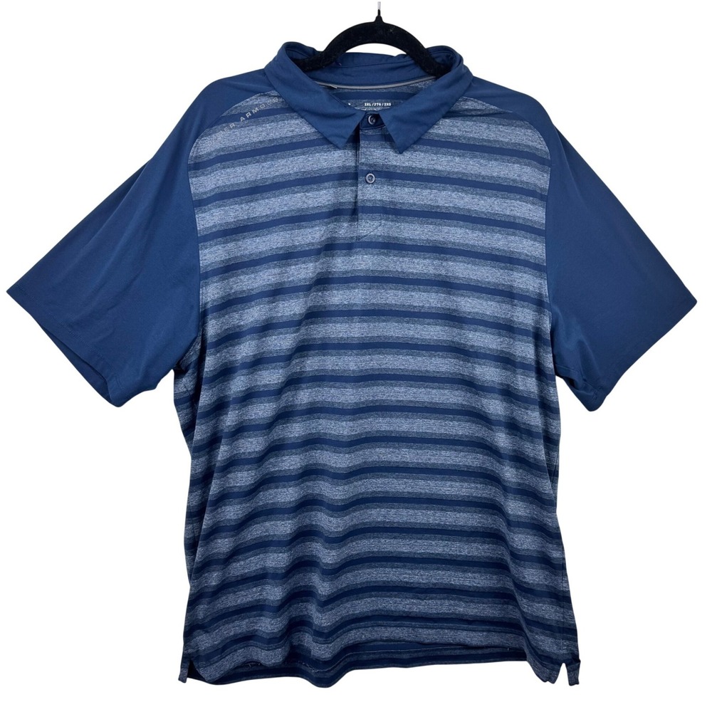 Under Armour Polo Shirt Mens 2XL Blue Striped HeatGear Loose Fit Short Sleeve